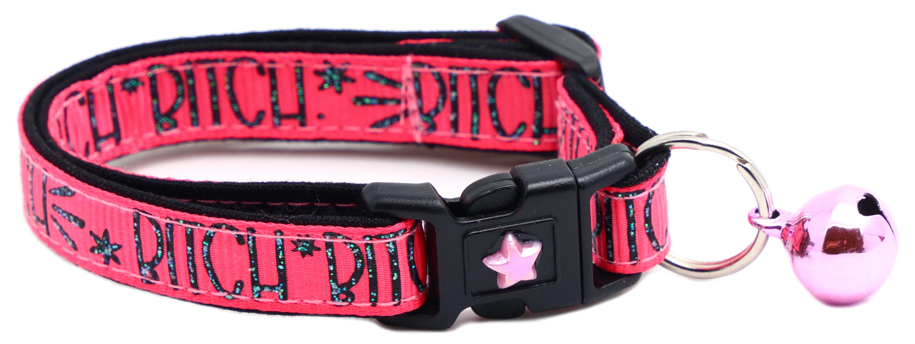Bitch 2 Breakaway Cat Collar in reinforced cotton with breakaway clips and removable bell, available in various sizes.
